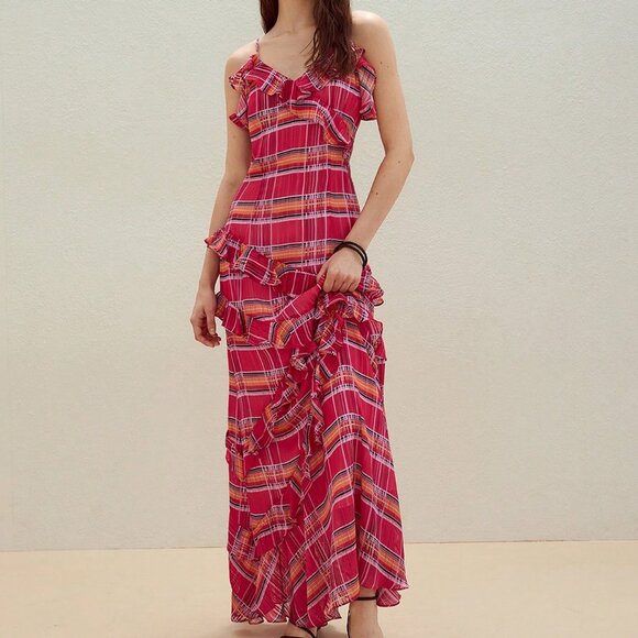 Red Boho Women's Plaid Ruffle Trim Cami Dress - Picture 4 of 7